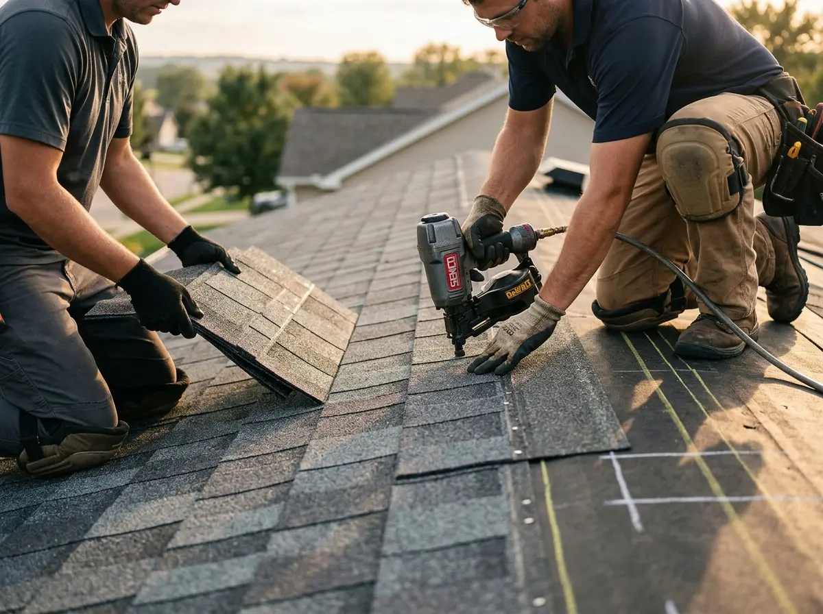 Professional roofer working on a residential roof in East Greenbush